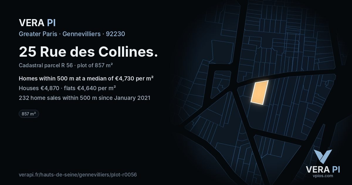 25 Rue des Collines, Gennevilliers at night – the plot lit, the parcels around coloured by the prices near them