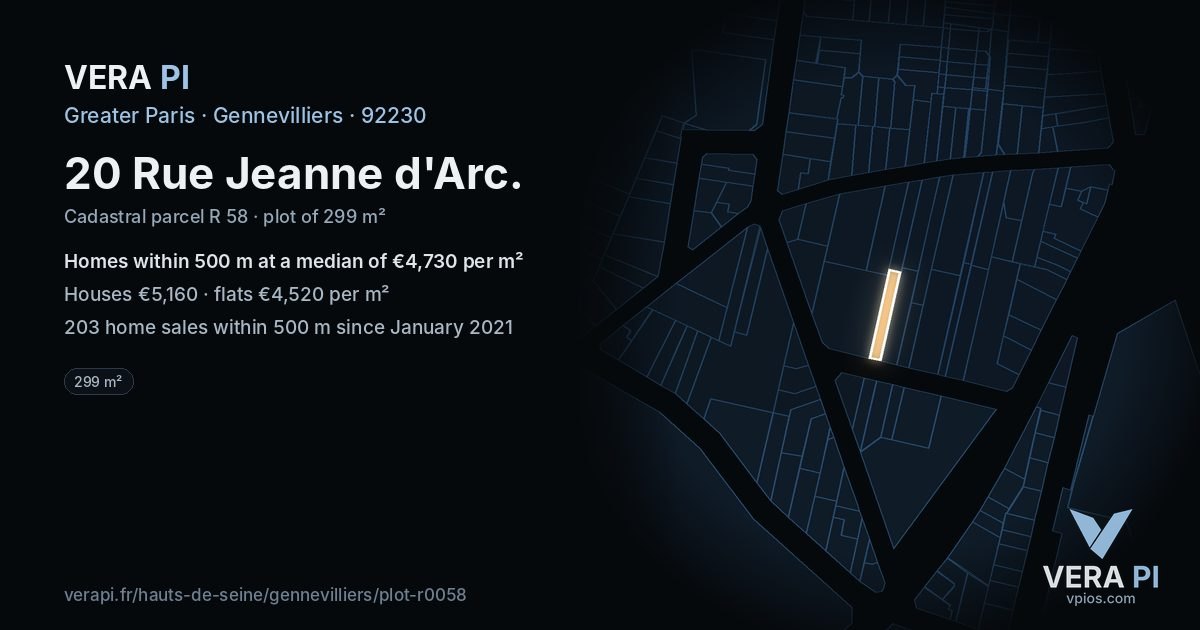 20 Rue Jeanne d'Arc, Gennevilliers at night – the plot lit, the parcels around coloured by the prices near them