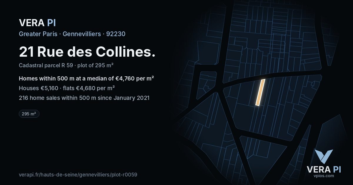 21 Rue des Collines, Gennevilliers at night – the plot lit, the parcels around coloured by the prices near them