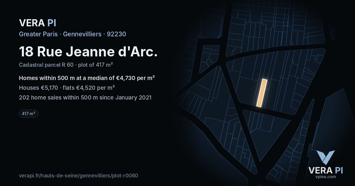 18 Rue Jeanne d'Arc, Gennevilliers at night – the plot lit, the parcels around coloured by the prices near them