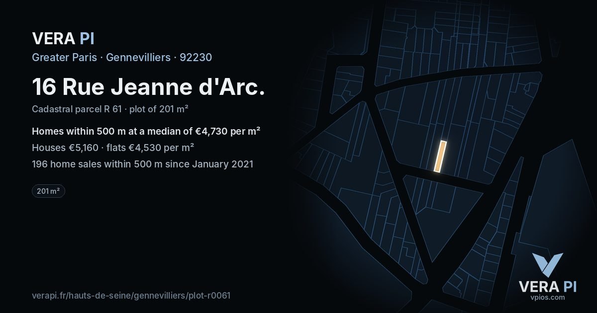 16 Rue Jeanne d'Arc, Gennevilliers at night – the plot lit, the parcels around coloured by the prices near them