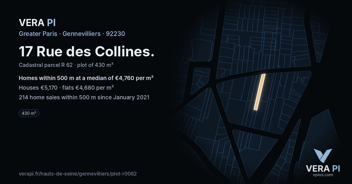 17 Rue des Collines, Gennevilliers at night – the plot lit, the parcels around coloured by the prices near them