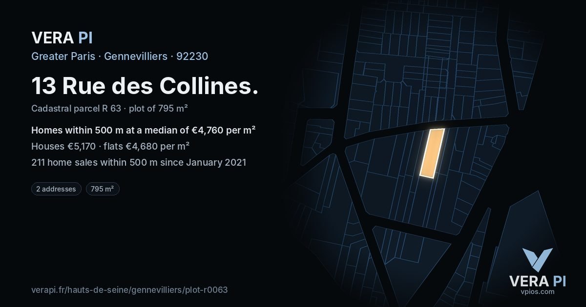 13 Rue des Collines, Gennevilliers at night – the plot lit, the parcels around coloured by the prices near them