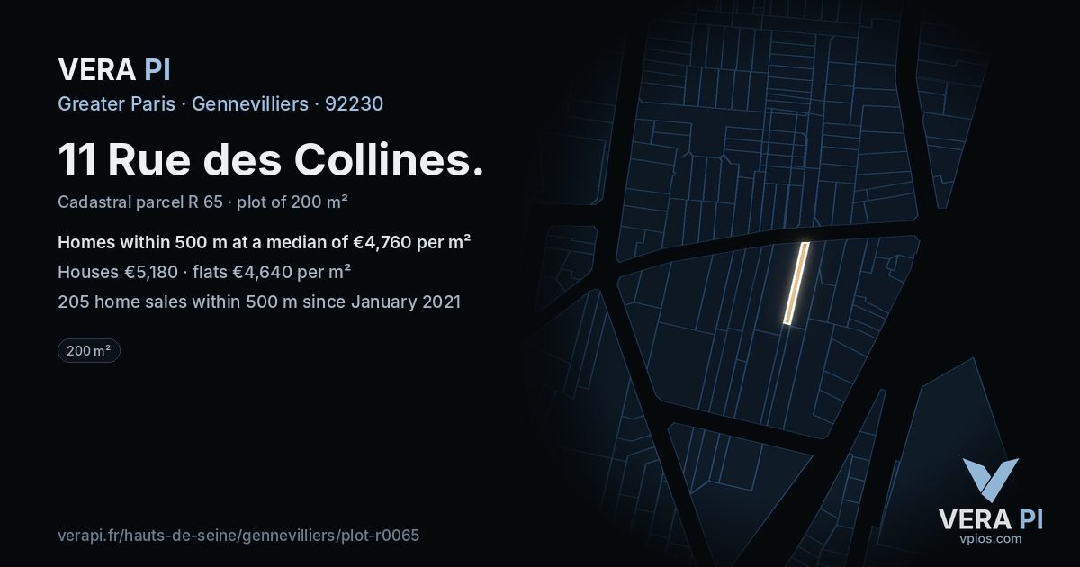 11 Rue des Collines, Gennevilliers at night – the plot lit, the parcels around coloured by the prices near them