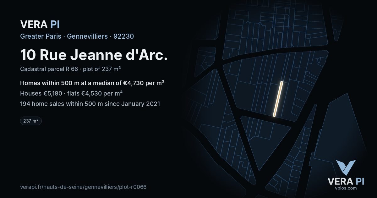 10 Rue Jeanne d'Arc, Gennevilliers at night – the plot lit, the parcels around coloured by the prices near them