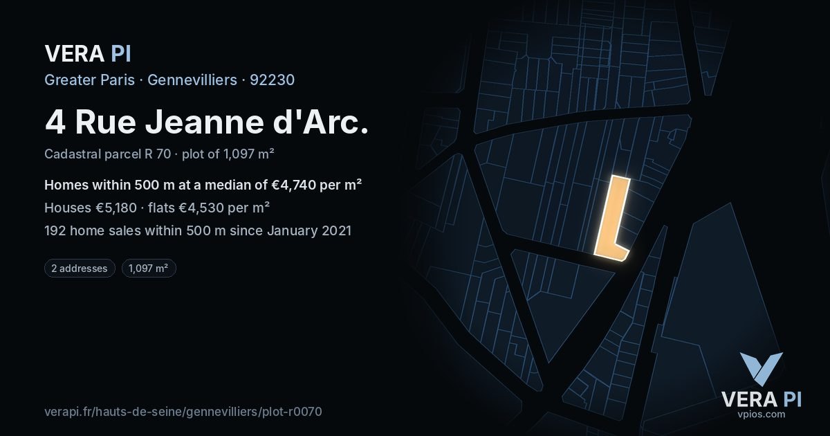 4 Rue Jeanne d'Arc, Gennevilliers at night – the plot lit, the parcels around coloured by the prices near them