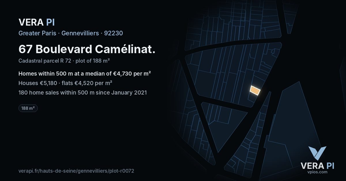67 Boulevard Camélinat, Gennevilliers at night – the plot lit, the parcels around coloured by the prices near them