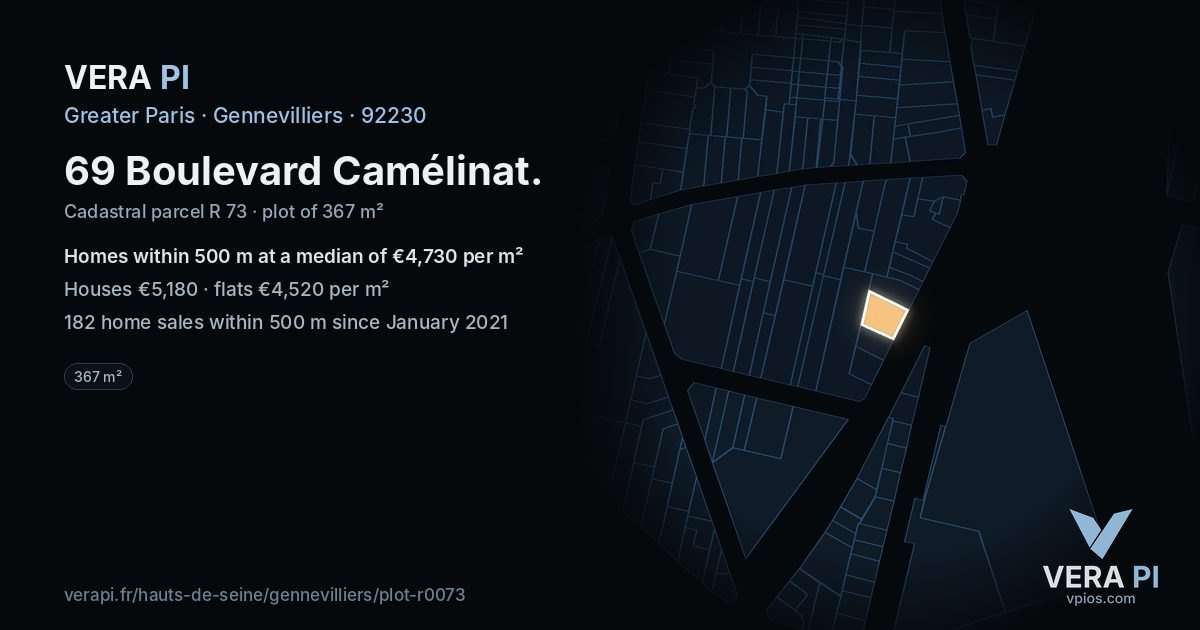 69 Boulevard Camélinat, Gennevilliers at night – the plot lit, the parcels around coloured by the prices near them