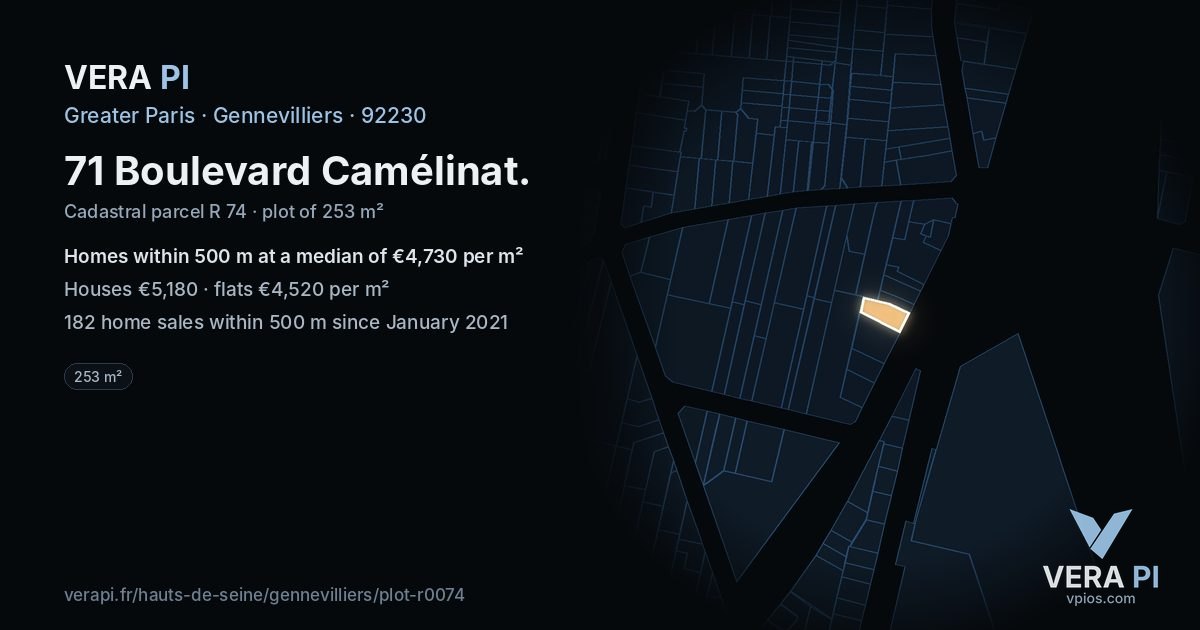 71 Boulevard Camélinat, Gennevilliers at night – the plot lit, the parcels around coloured by the prices near them