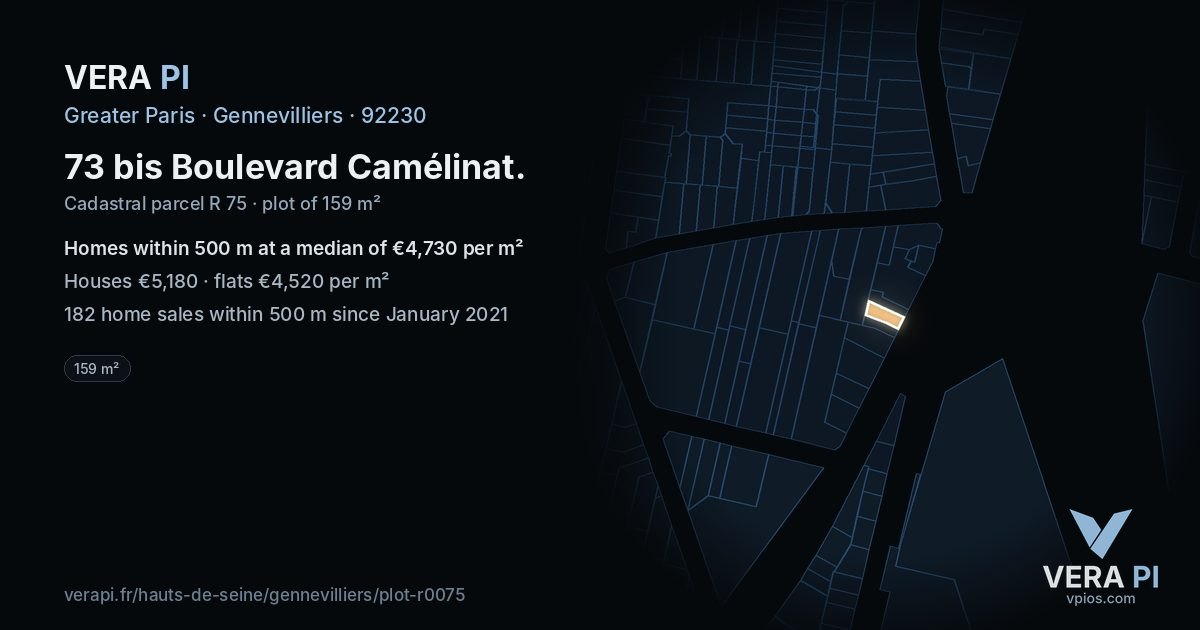 73 bis Boulevard Camélinat, Gennevilliers at night – the plot lit, the parcels around coloured by the prices near them