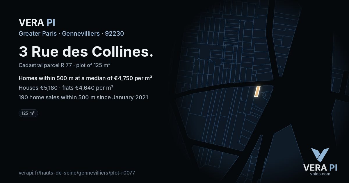 3 Rue des Collines, Gennevilliers at night – the plot lit, the parcels around coloured by the prices near them
