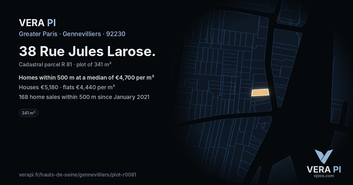 38 Rue Jules Larose, Gennevilliers at night – the plot lit, the parcels around coloured by the prices near them