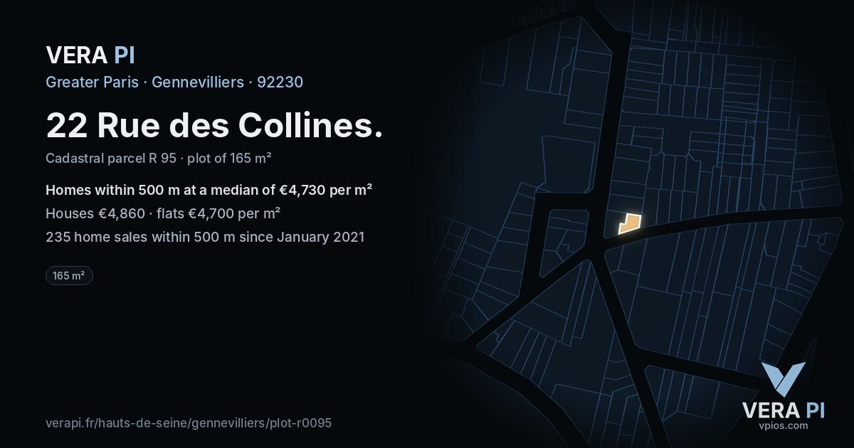 22 Rue des Collines, Gennevilliers at night – the plot lit, the parcels around coloured by the prices near them