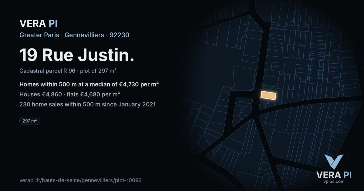 19 Rue Justin, Gennevilliers at night – the plot lit, the parcels around coloured by the prices near them