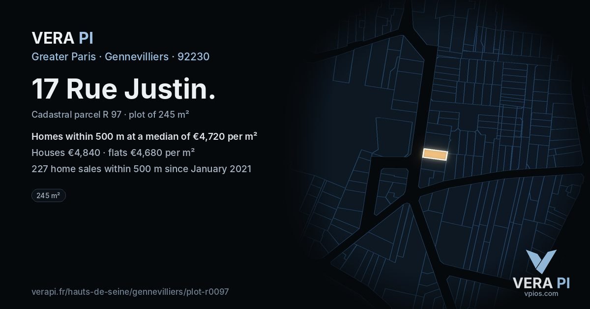 17 Rue Justin, Gennevilliers at night – the plot lit, the parcels around coloured by the prices near them