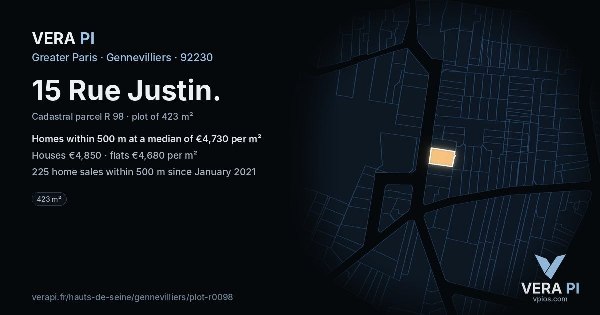 15 Rue Justin, Gennevilliers at night – the plot lit, the parcels around coloured by the prices near them