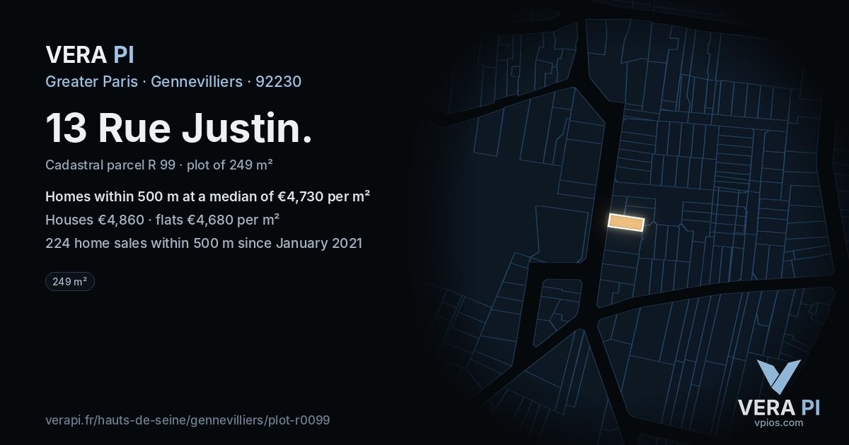 13 Rue Justin, Gennevilliers at night – the plot lit, the parcels around coloured by the prices near them