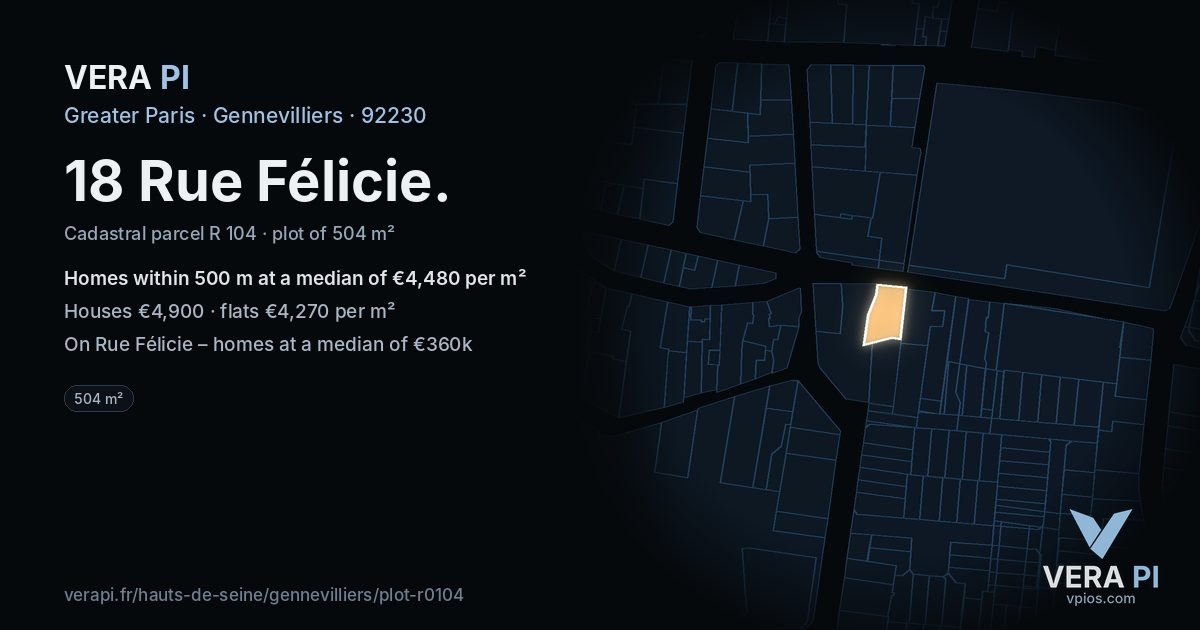 18 Rue Félicie, Gennevilliers at night – the plot lit, the parcels around coloured by the prices near them