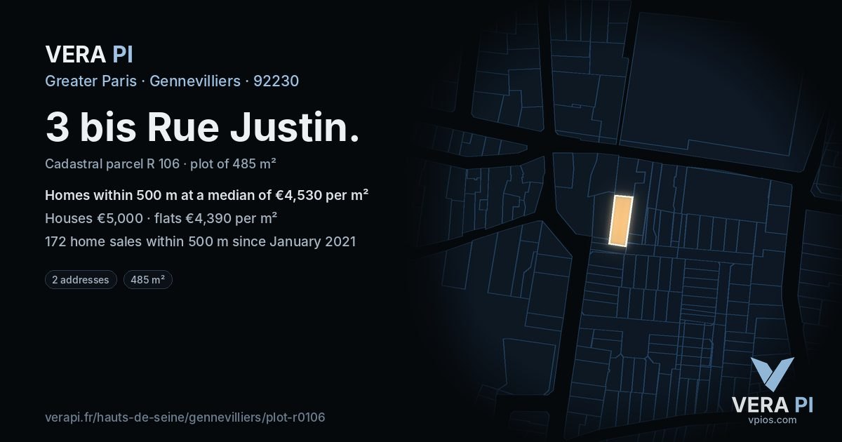 3 bis Rue Justin, Gennevilliers at night – the plot lit, the parcels around coloured by the prices near them