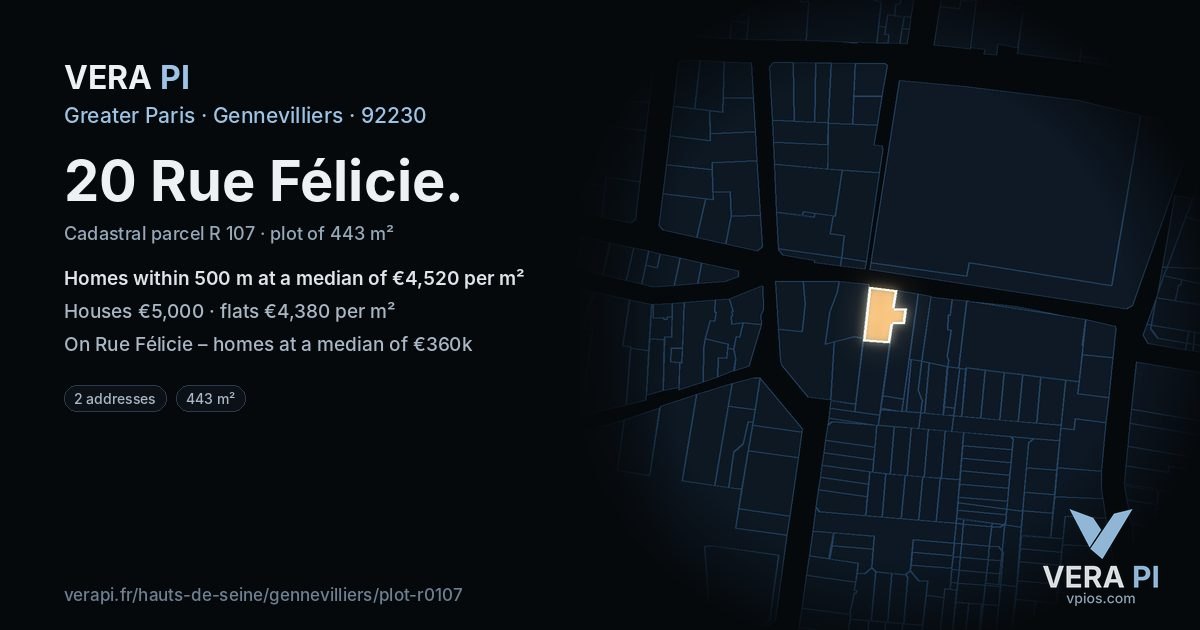 20 Rue Félicie, Gennevilliers at night – the plot lit, the parcels around coloured by the prices near them