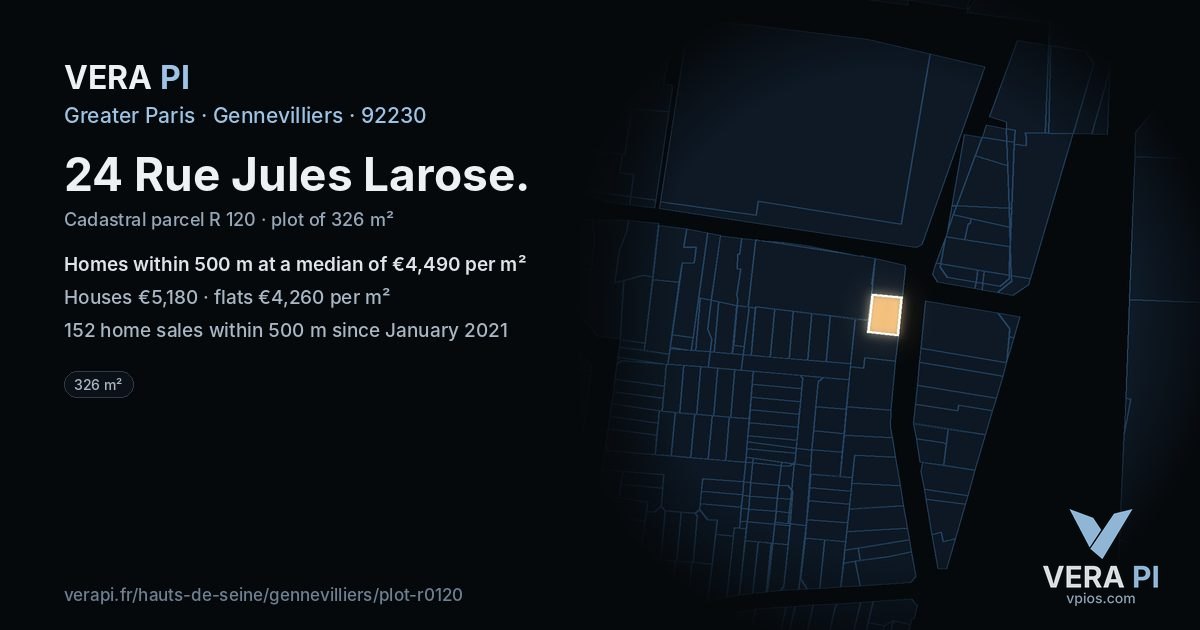 24 Rue Jules Larose, Gennevilliers at night – the plot lit, the parcels around coloured by the prices near them