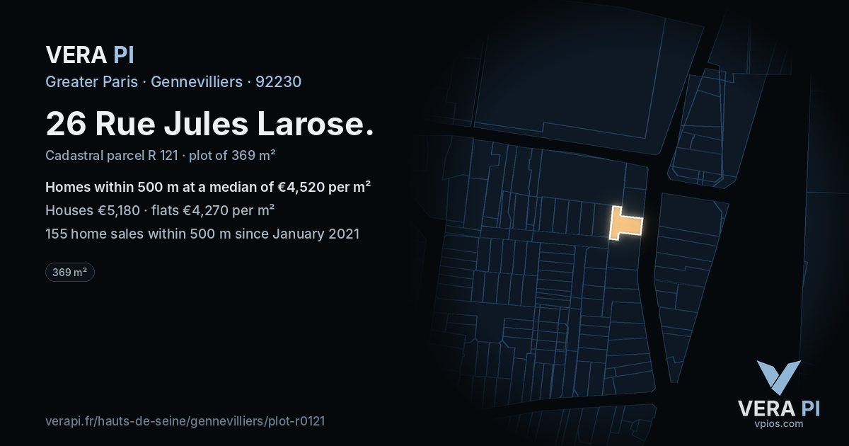 26 Rue Jules Larose, Gennevilliers at night – the plot lit, the parcels around coloured by the prices near them