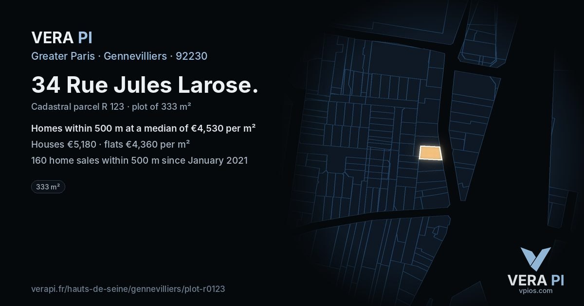 34 Rue Jules Larose, Gennevilliers at night – the plot lit, the parcels around coloured by the prices near them