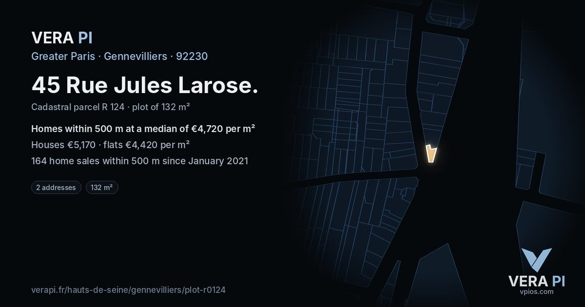45 Rue Jules Larose, Gennevilliers at night – the plot lit, the parcels around coloured by the prices near them