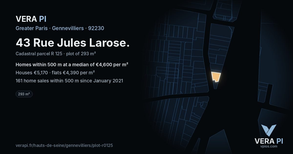 43 Rue Jules Larose, Gennevilliers at night – the plot lit, the parcels around coloured by the prices near them