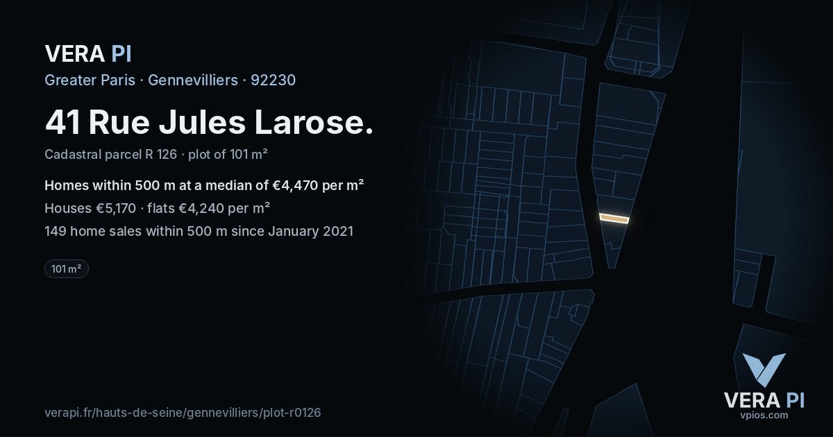 41 Rue Jules Larose, Gennevilliers at night – the plot lit, the parcels around coloured by the prices near them