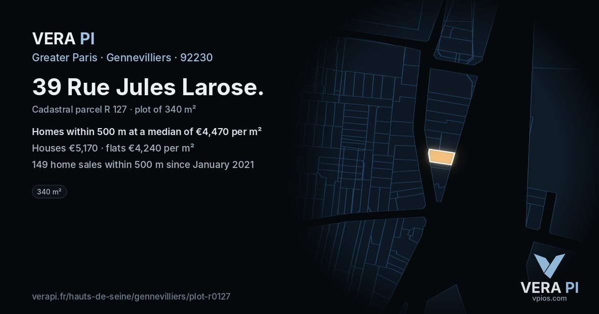 39 Rue Jules Larose, Gennevilliers at night – the plot lit, the parcels around coloured by the prices near them
