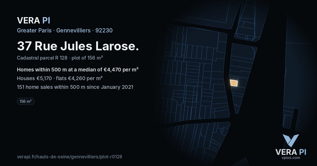 37 Rue Jules Larose, Gennevilliers at night – the plot lit, the parcels around coloured by the prices near them