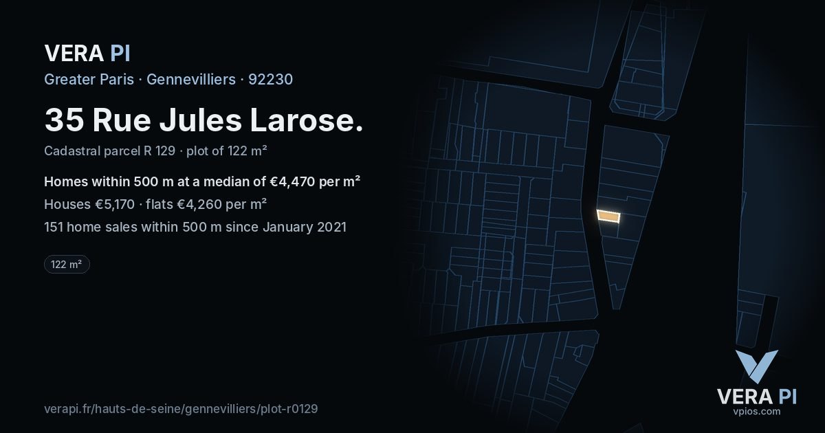 35 Rue Jules Larose, Gennevilliers at night – the plot lit, the parcels around coloured by the prices near them