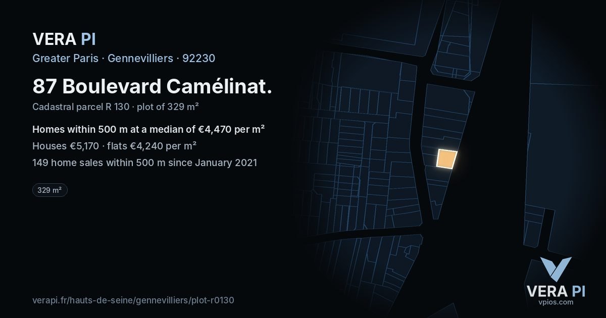 87 Boulevard Camélinat, Gennevilliers at night – the plot lit, the parcels around coloured by the prices near them