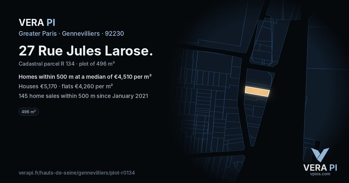 27 Rue Jules Larose, Gennevilliers at night – the plot lit, the parcels around coloured by the prices near them