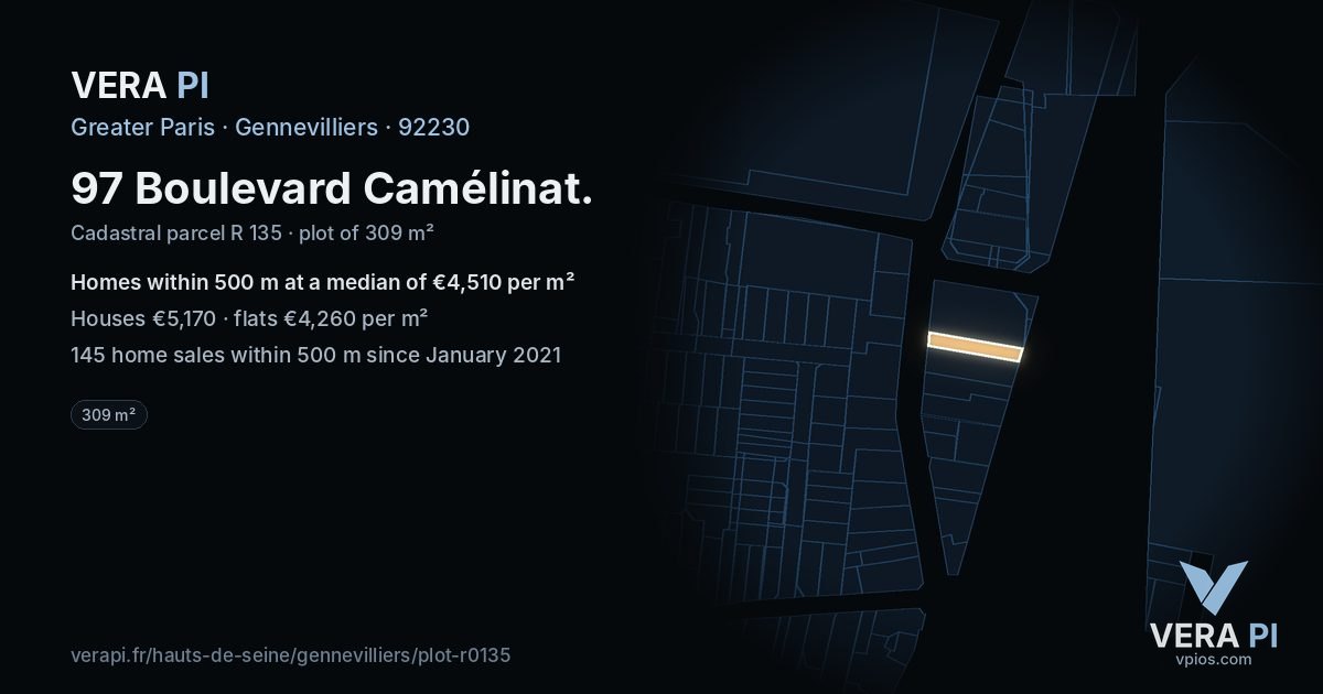 97 Boulevard Camélinat, Gennevilliers at night – the plot lit, the parcels around coloured by the prices near them