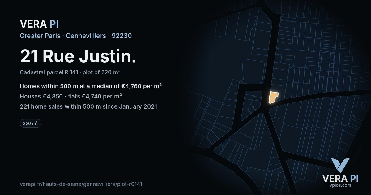 21 Rue Justin, Gennevilliers at night – the plot lit, the parcels around coloured by the prices near them