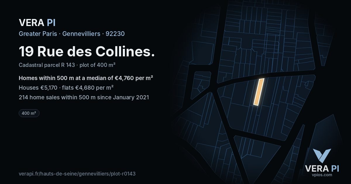19 Rue des Collines, Gennevilliers at night – the plot lit, the parcels around coloured by the prices near them