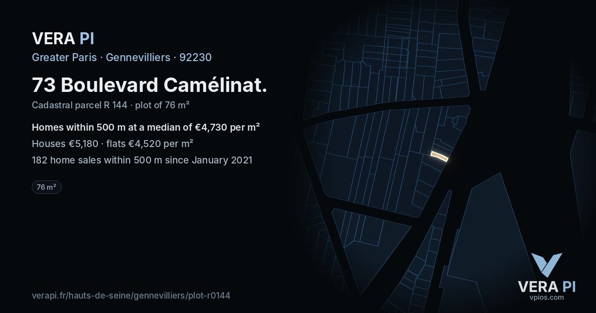73 Boulevard Camélinat, Gennevilliers at night – the plot lit, the parcels around coloured by the prices near them