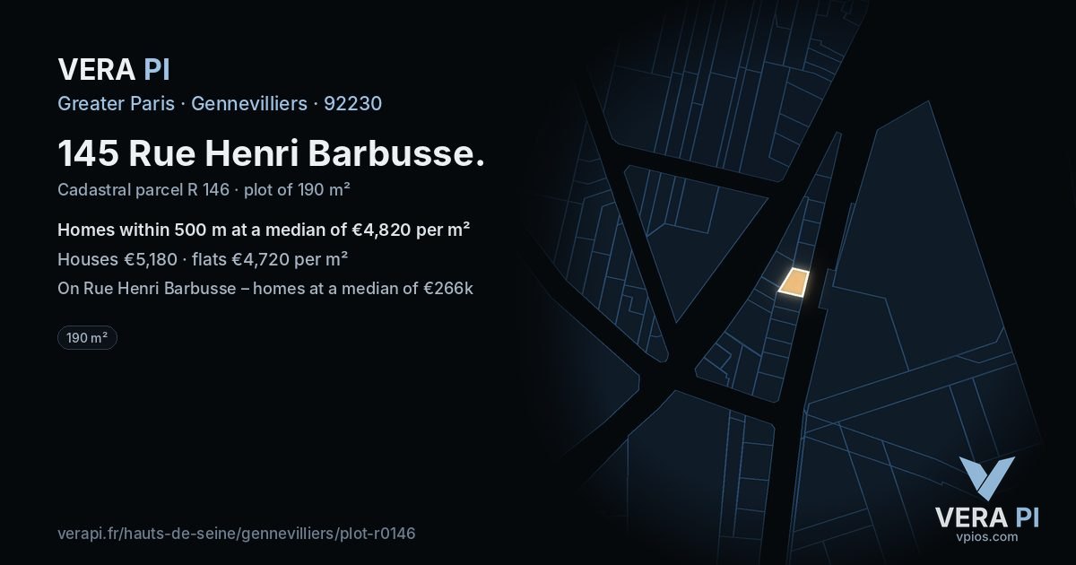 145 Rue Henri Barbusse, Gennevilliers at night – the plot lit, the parcels around coloured by the prices near them
