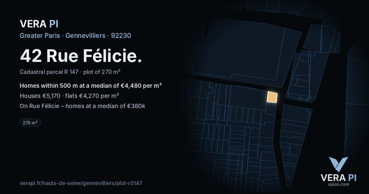 42 Rue Félicie, Gennevilliers at night – the plot lit, the parcels around coloured by the prices near them