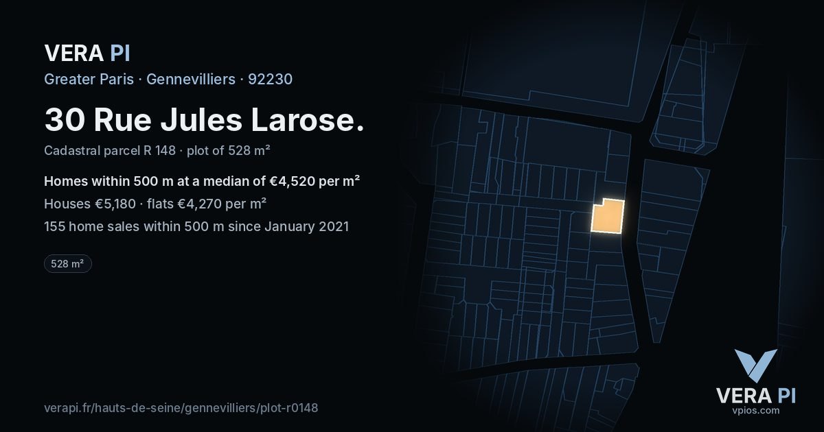 30 Rue Jules Larose, Gennevilliers at night – the plot lit, the parcels around coloured by the prices near them