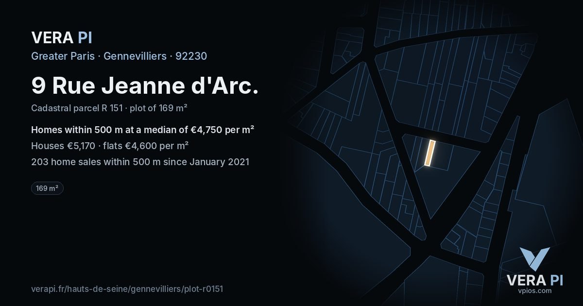 9 Rue Jeanne d'Arc, Gennevilliers at night – the plot lit, the parcels around coloured by the prices near them
