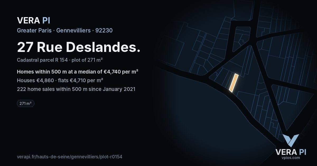 27 Rue Deslandes, Gennevilliers at night – the plot lit, the parcels around coloured by the prices near them