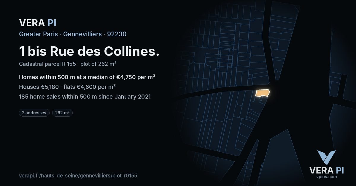 1 bis Rue des Collines, Gennevilliers at night – the plot lit, the parcels around coloured by the prices near them