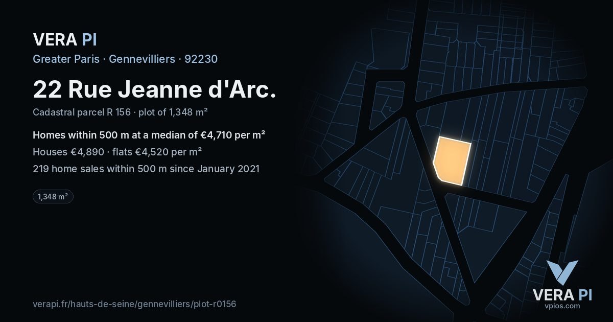 22 Rue Jeanne d'Arc, Gennevilliers at night – the plot lit, the parcels around coloured by the prices near them