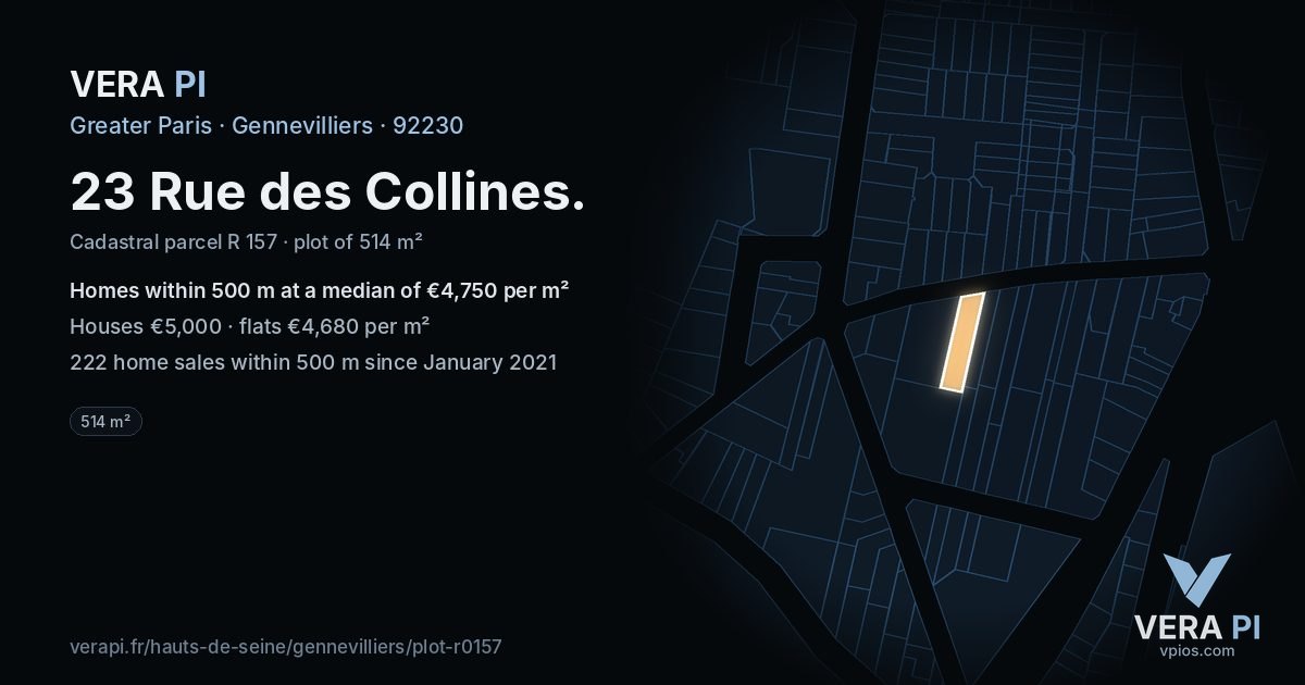 23 Rue des Collines, Gennevilliers at night – the plot lit, the parcels around coloured by the prices near them