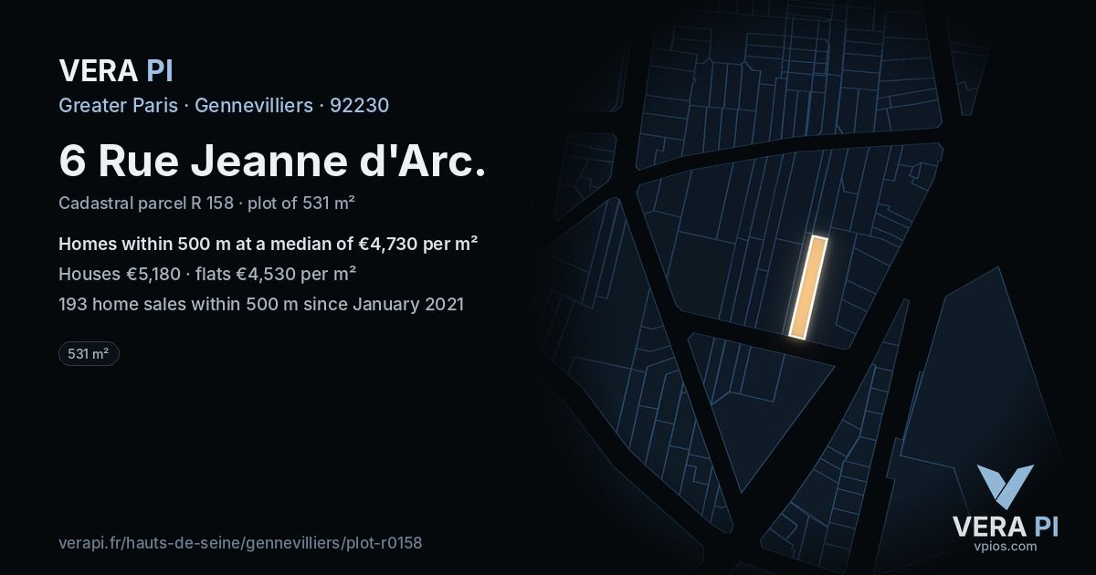 6 Rue Jeanne d'Arc, Gennevilliers at night – the plot lit, the parcels around coloured by the prices near them