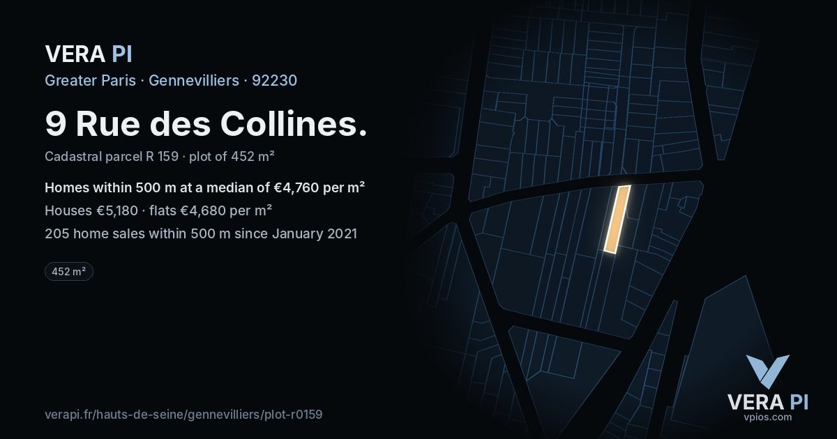 9 Rue des Collines, Gennevilliers at night – the plot lit, the parcels around coloured by the prices near them