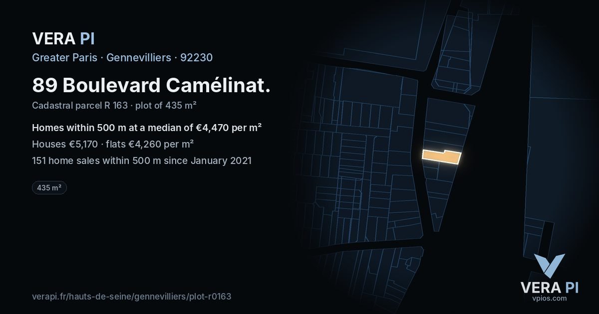 89 Boulevard Camélinat, Gennevilliers at night – the plot lit, the parcels around coloured by the prices near them